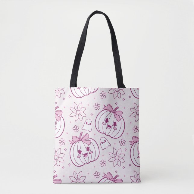 Kawaii Pumpkins, Ghosts & Flowers Tote Bag (Front)