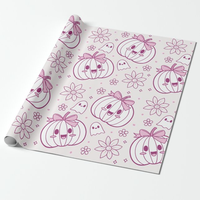 Kawaii Pumpkins, Ghosts & Flowers Wrapping Paper (Unrolled)
