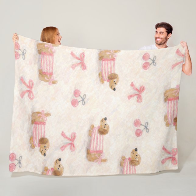 Kawaii Puppy Pattern Blanket with Pink Bows (In Situ)