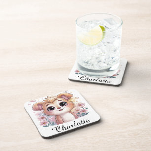 Kawaii Puppy with Spring Flowers and Hearts Coaster