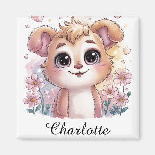 Kawaii Puppy with Spring Flowers and Hearts Magnet