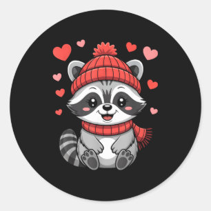 Kawaii Raccoon Valentines Day Hearts Scarf Beanie  Classic Round Sticker