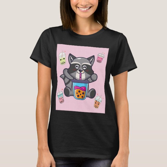 Kawaii Racoon Bubble Boba Milk Tea Japanese Aesth T-Shirt (Front)