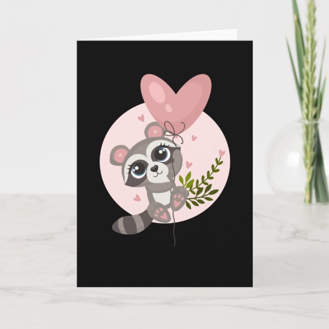 Kawaii Racoon with Balloon for Valentine's Day Card (Front)