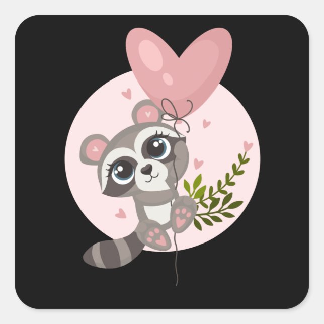 Kawaii Racoon with Balloon for Valentine's Day Square Sticker (Front)