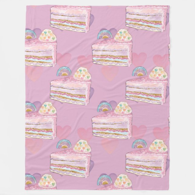 Kawaii Rainbow Cake Pattern – Pastel Purple Fleece Blanket (Front)