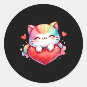 Kawaii Rainbow Cute Cat Hugging Heart Kitty Love C Classic Round Sticker