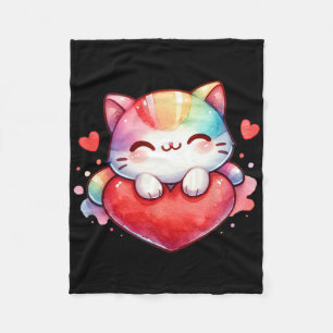 Kawaii Rainbow Cute Cat Hugging Heart Kitty Love C Fleece Blanket