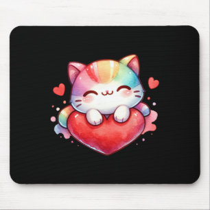 Kawaii Rainbow Cute Cat Hugging Heart Kitty Love C Mouse Mat