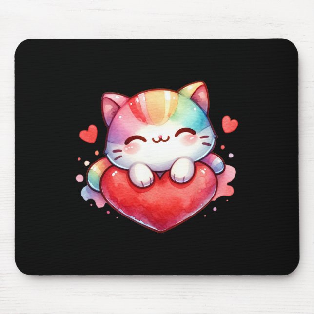 Kawaii Rainbow Cute Cat Hugging Heart Kitty Love C Mouse Mat (Front)