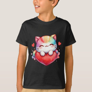Kawaii Rainbow Cute Cat Hugging Heart Kitty Love C T-Shirt