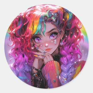 Kawaii Rainbow Hair Braids Anime Girl Classic Round Sticker