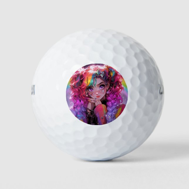 Kawaii Rainbow Hair Braids Anime Girl Golf Balls (Front)