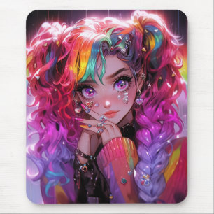 Kawaii Rainbow Hair Braids Anime Girl Mouse Mat