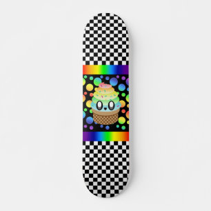 Kawaii Rainbow Ice Cream Cone Chequerboard Skateboard