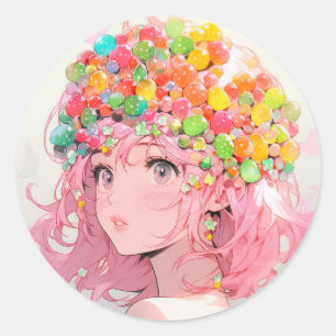 Kawaii Rainbow Pastel Candy Mushroom Anime Girl Classic Round Sticker