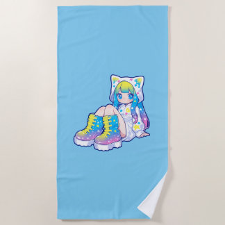 Kawaii Rainbow Star Cat-Eared Girl Beach Towel