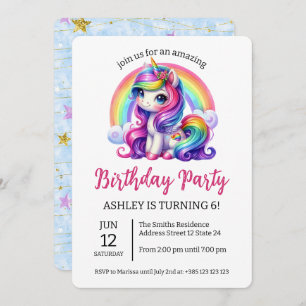 Kawaii Rainbow Unicorn Birthday Party Invitation