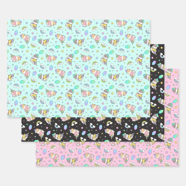 kawaii rainbow unicorn Guinea pig pattern set Wrapping Paper Sheet (Set)