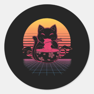Kawaii Ramen Neko Retro Cat Japanese Noodle Anime  Classic Round Sticker