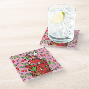 Kawaii Red Cherry Vibes Cute Girly Aesthetic Glass Coaster