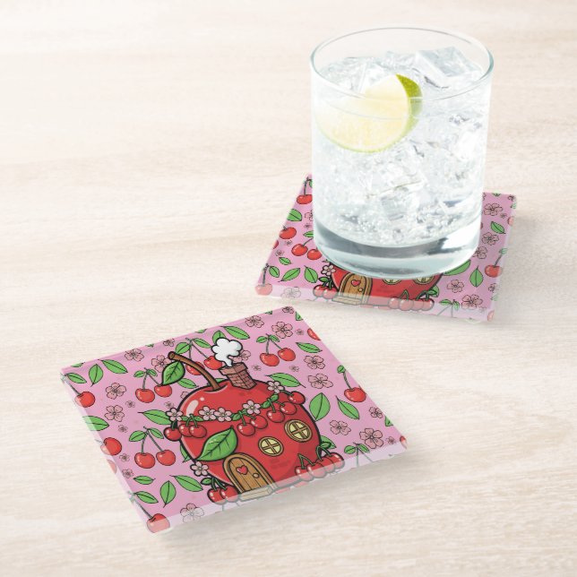 Kawaii Red Cherry Vibes Cute Girly Aesthetic Glass Coaster (Angled)