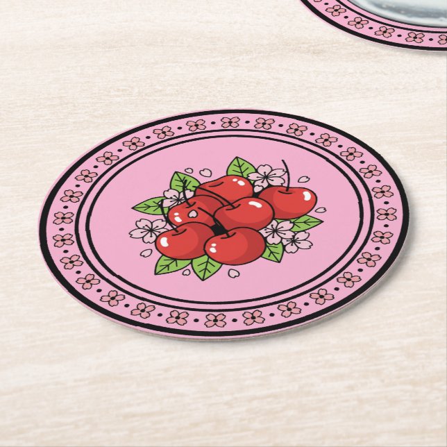 Kawaii Red Cherry Vibes Cute Girly Aesthetic Round Paper Coaster (Angled)