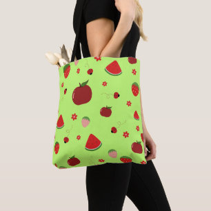 Kawaii Red Fruits Pattern in Lime Green Tote Bag
