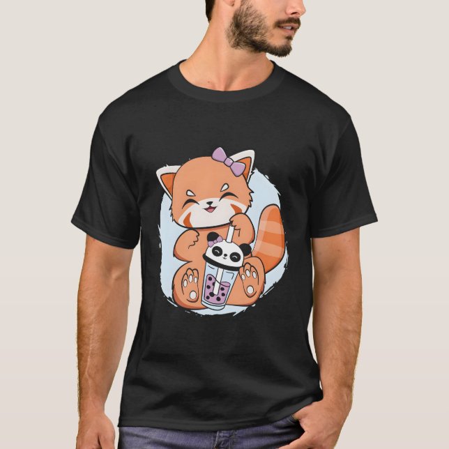 Kawaii Red Panda Boba Anime Pearl Bubble Tea Otaku T-Shirt (Front)