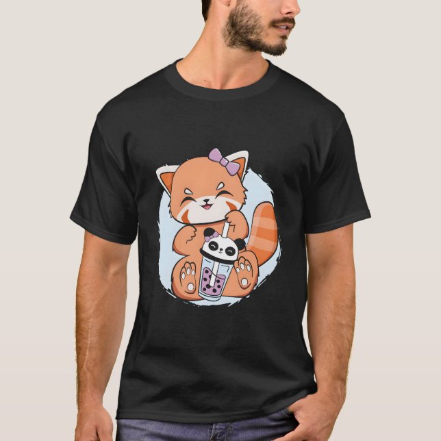 Kawaii Red Panda Boba Anime Pearl Bubble Tea Otaku T-Shirt (Front)