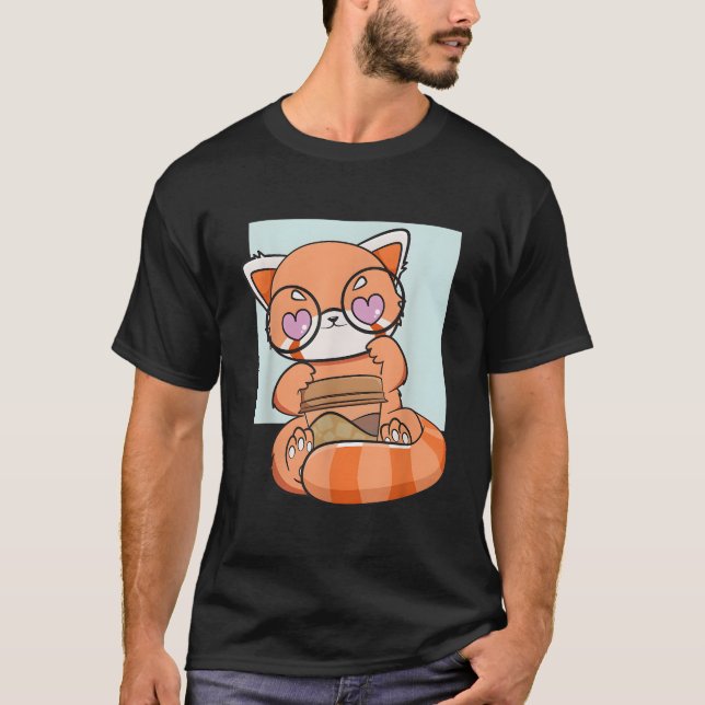 Kawaii Red Panda Drinking Coffee Anime Bear T-Shirt (Front)