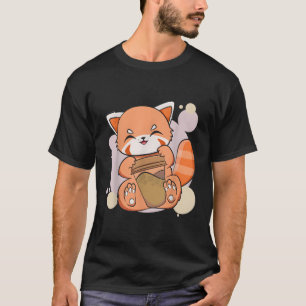 Kawaii Red Panda Drinking Coffee Cup Anime Bear T-Shirt