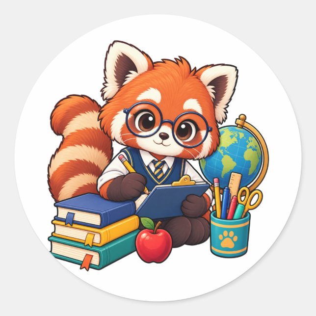 Kawaii Red Panda Study Buddy Round Sticker (Front)