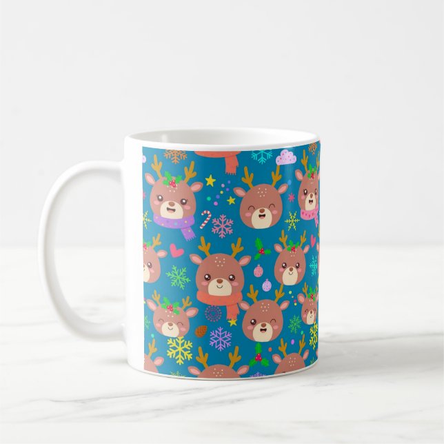 Kawaii Reindeer Faces Pattern Coffee Mug (Left)