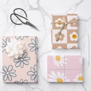 Kawaii Retro Pink Daisy Wrapping Paper Sheet