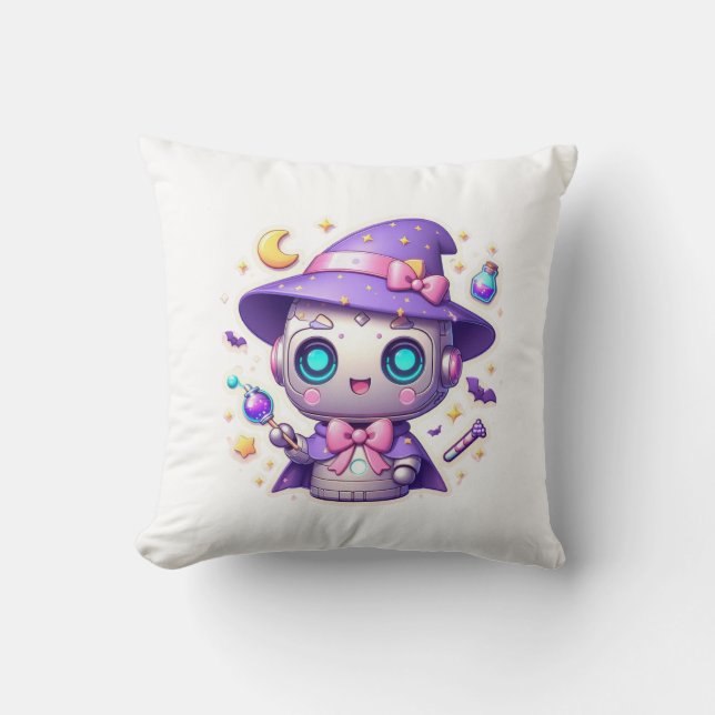 Kawaii Robot Witch Cute Magical Bot with Stars Cushion (Front)