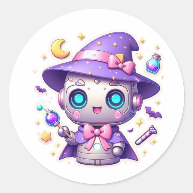 Kawaii Robot Witch Cute Magical Bot with Wand Classic Round Sticker (Front)