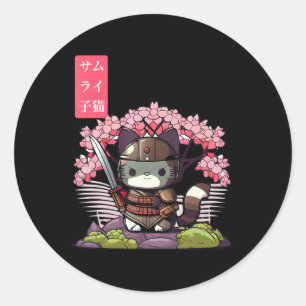 Kawaii Samurai Kitten with Cherry Blossom Japanese Classic Round Sticker