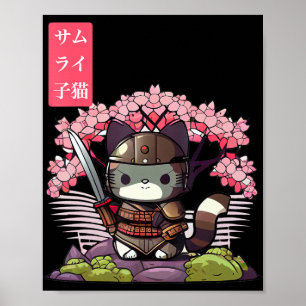 Kawaii Samurai Kitten with Cherry Blossom Japanese Poster