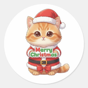 Kawaii Santa Cat Merry Christmas Classic Round Sticker