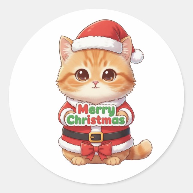 Kawaii Santa Cat Merry Christmas Classic Round Sticker (Front)