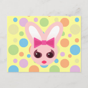 Kawaii Sassy Bunny Pink Bow & Mod Dots Postcard