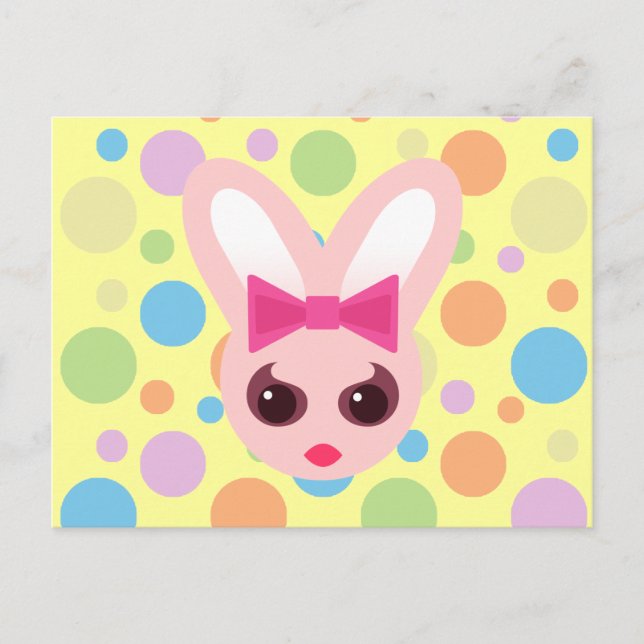 Kawaii Sassy Bunny Pink Bow & Mod Dots Postcard (Front)
