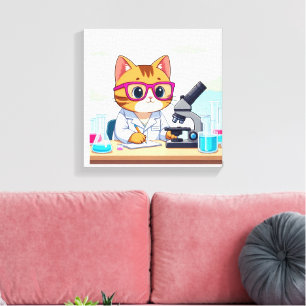 Kawaii Scientist Cat – Cute Cartoon Lab Canvas Art
