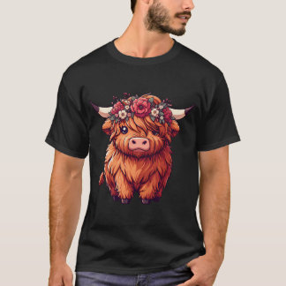 Kawaii Scottish Highland Cow With Flower Crown T-Shirt