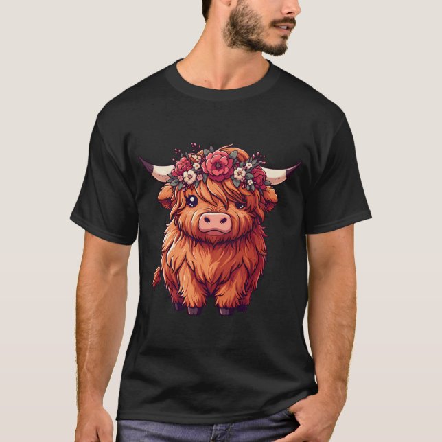 Kawaii Scottish Highland Cow With Flower Crown T-Shirt (Front)