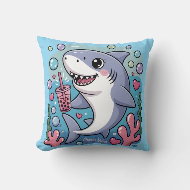 Kawaii Shark Boba Tea Ocean Vibes Cushion (Front)