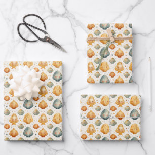 Kawaii Shells Yellow and Blue Wrapping Paper Sheet