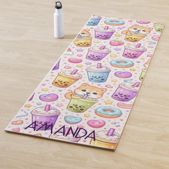 Kawaii Shiba Inu Boba Bubble Tea Pattern Yoga Mat (In Situ)
