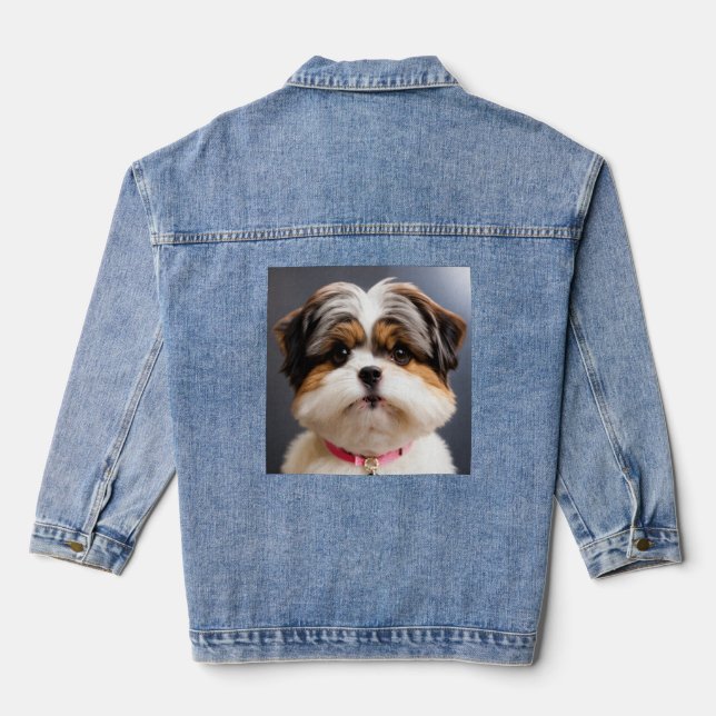 Kawaii Shih Tzu Face with Top Knot – Cute Dog Art  Denim Jacket (Back)